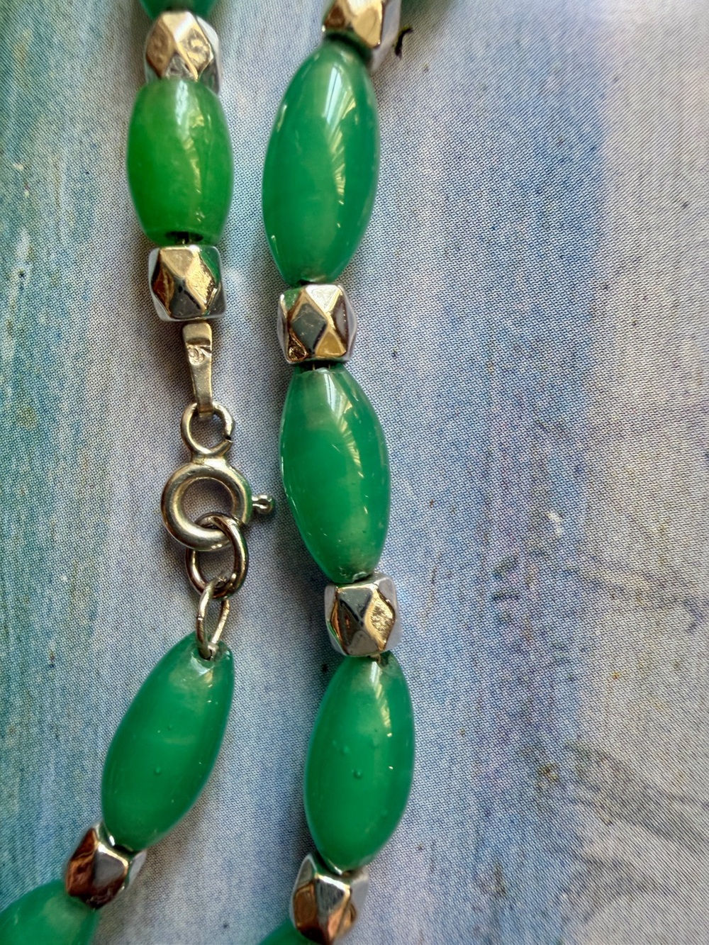 Vtg Sterling Silver Green Art Glass Bead Necklace 15" - Picture 6 of 10